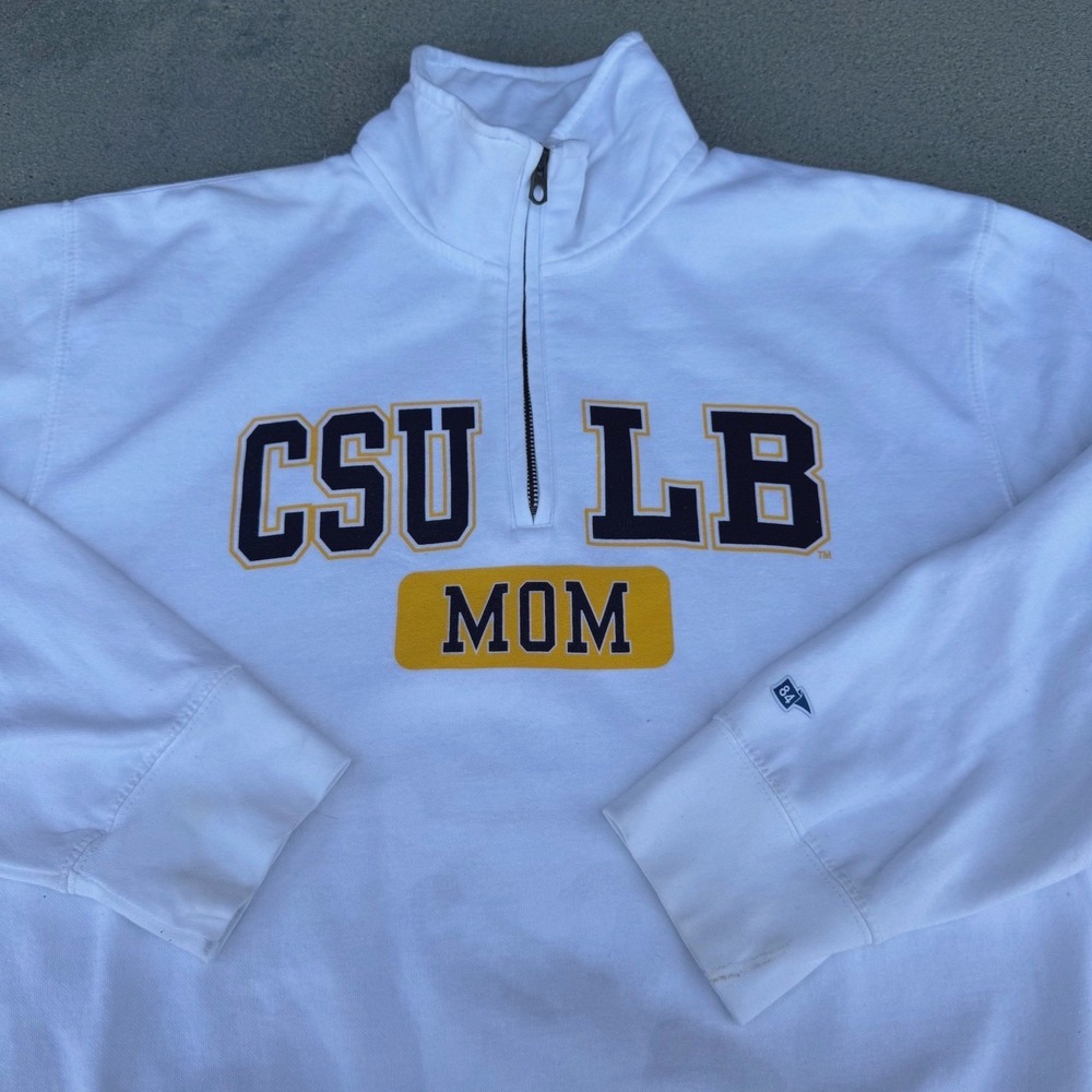 Blue 84 CSU Long Beach Mom Quarter Zip Sweatshirt White CSULB Pullover Medium